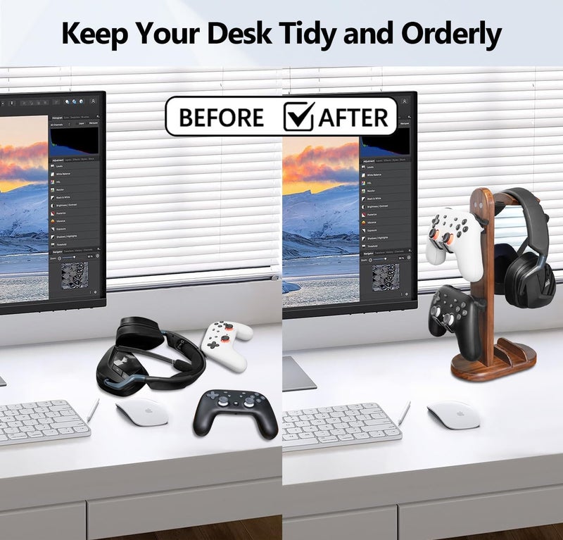 GEVO Controller Holder with Headphone Stand - Wood Gaming Controller Stand for Xbox PS5 PS4 Switch Pro, PC Gaming Accessories - Present Idea for Husband, Boyfriend, Gamers, Game Lover, Game Room Decor - Image 5